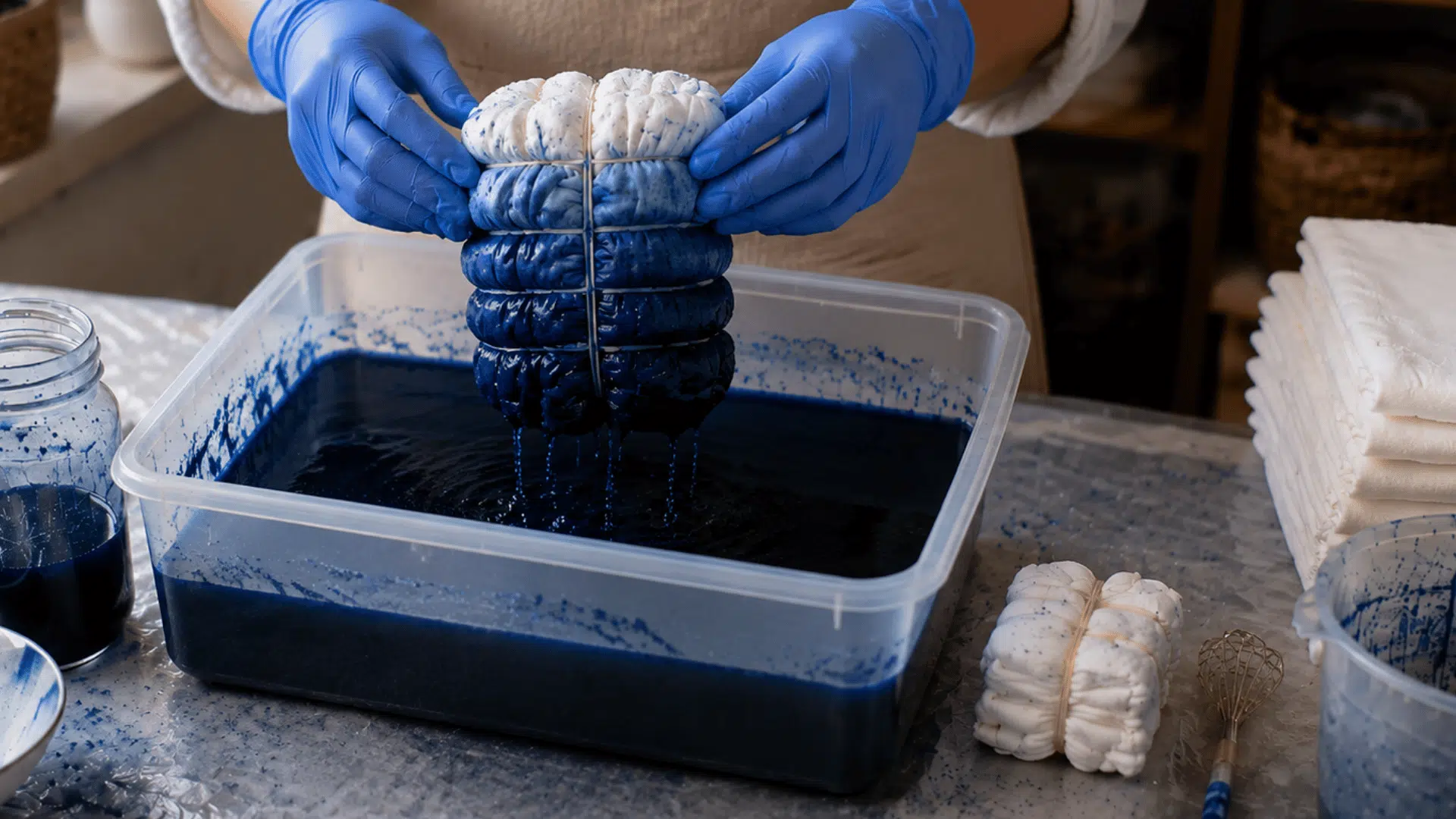gloved hands lifting dyed shibori fabric bundle with dripping indigo dye into container