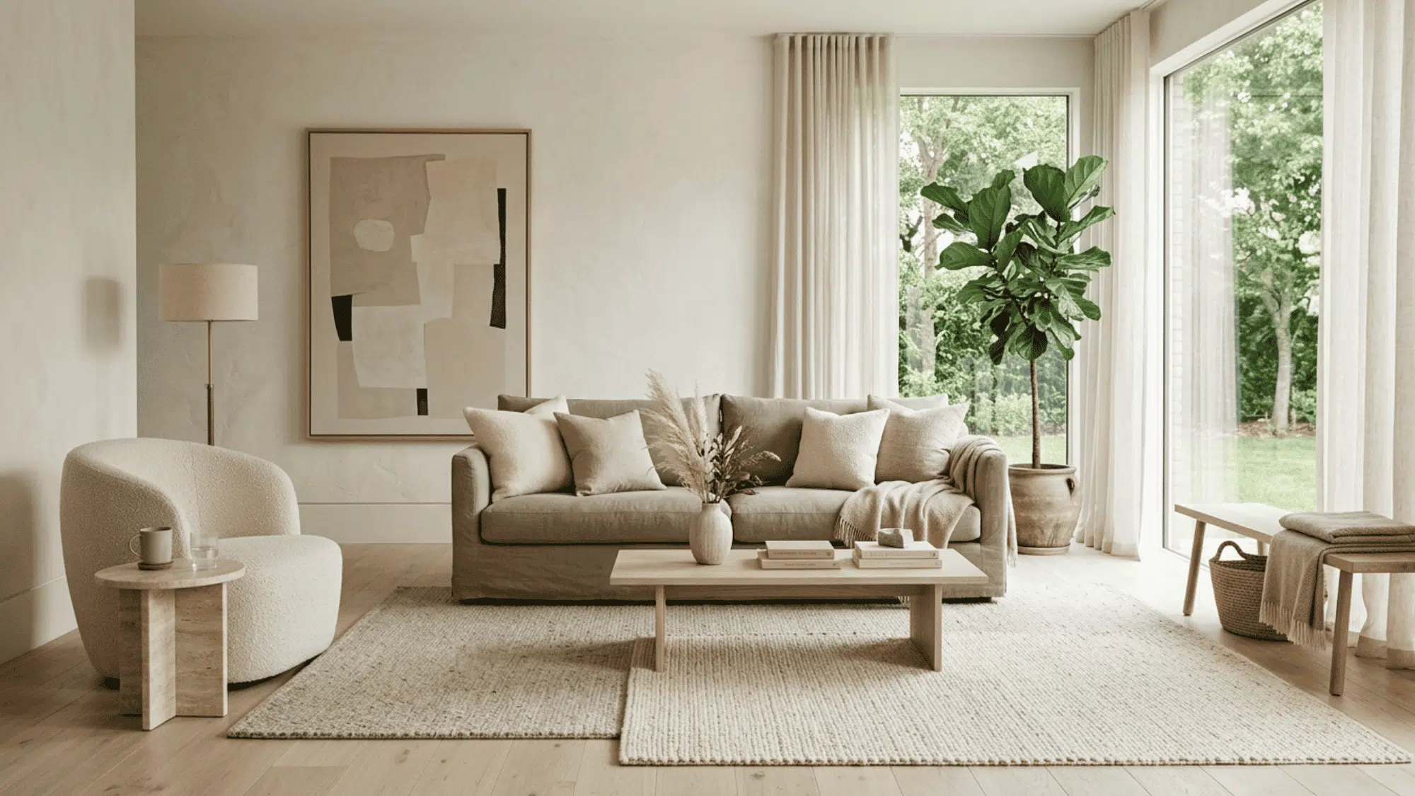 minimal beige living room with sofa armchair large window indoor plant soft natural light