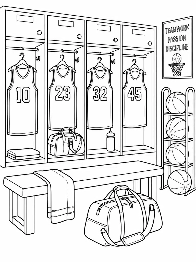 Basketball locker room coloring page with jerseys, duffel bags and a ball rack