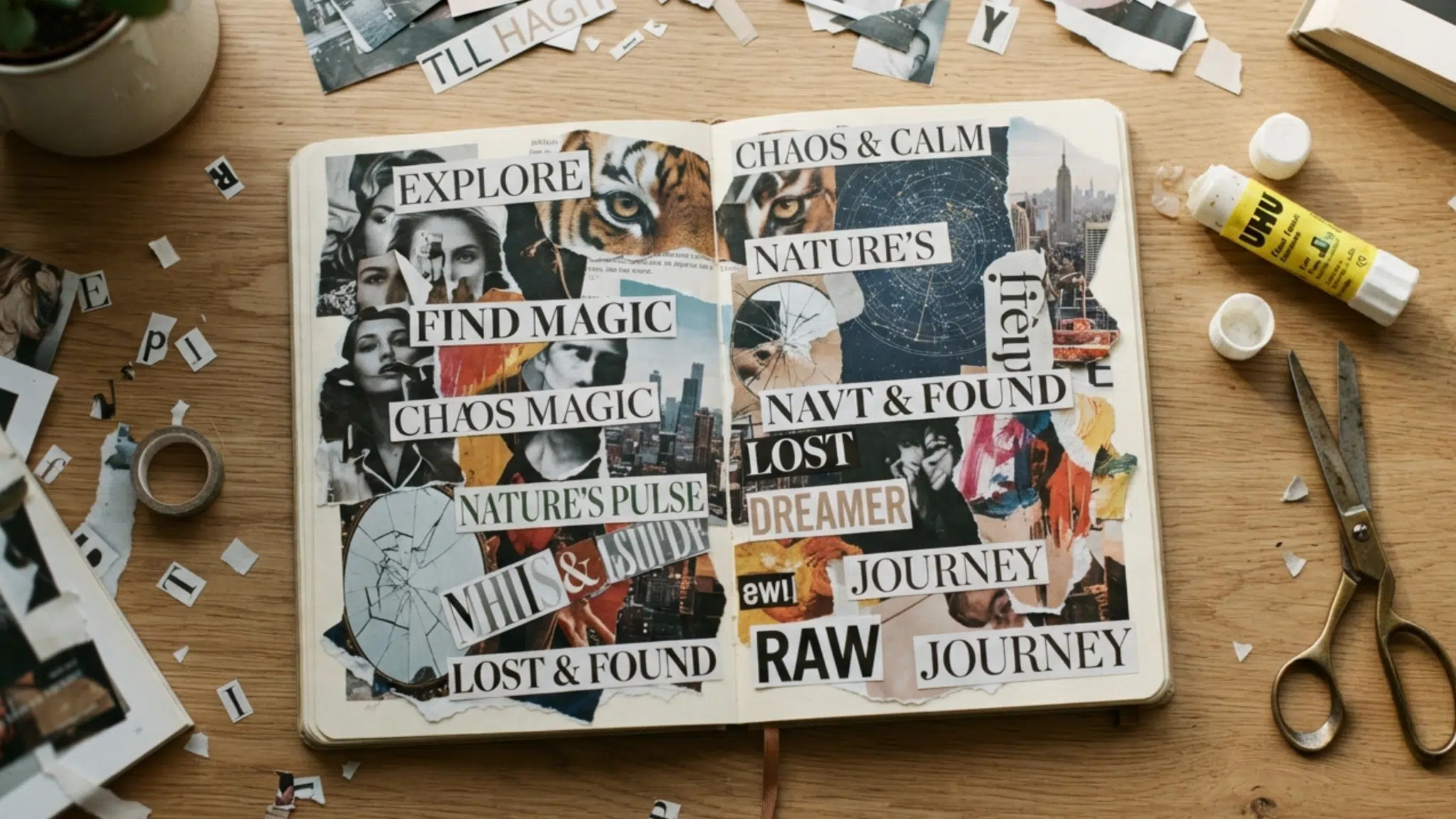 open journal with layered magazine cutouts words and images beside scissors and glue