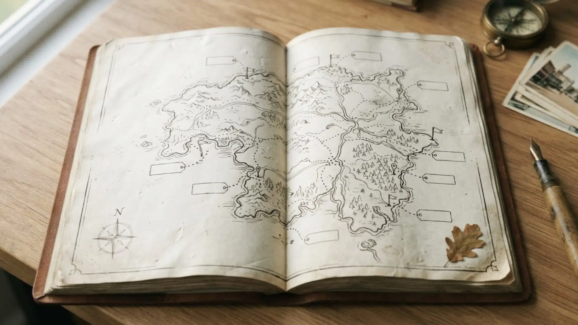 hand drawn map with pins in an open journal