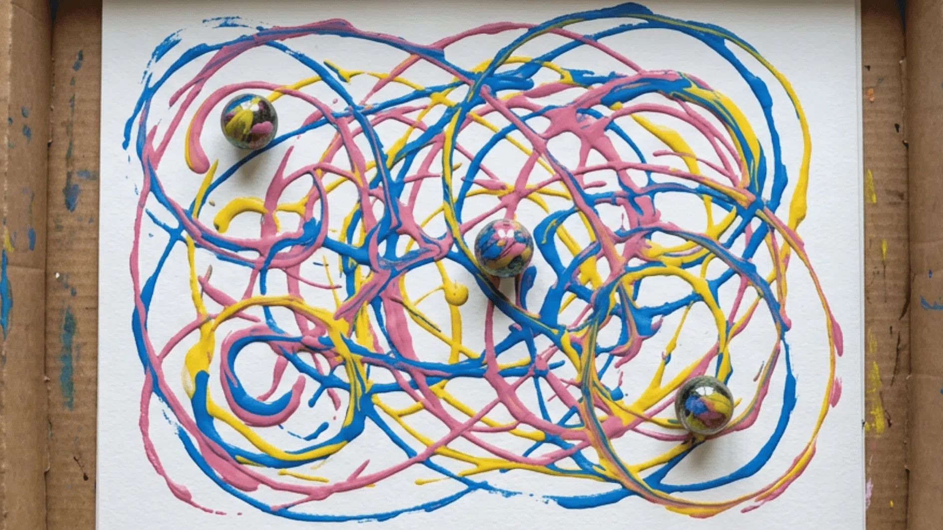 colorful marble painting with pink blue and yellow swirling paint trails in a cardboard box