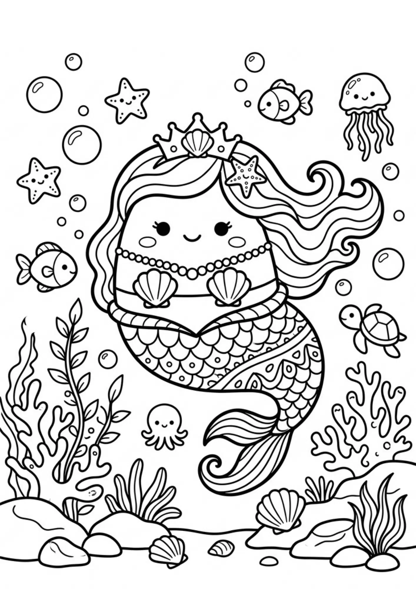 mermaid squishmallow coloring page with underwater details and printable black and white fantasy coloring design for kids