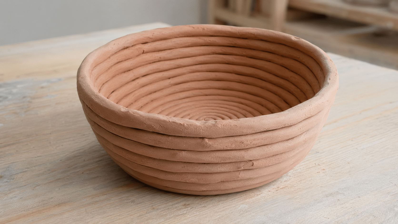 small handmade clay bowl formed from evenly stacked coils