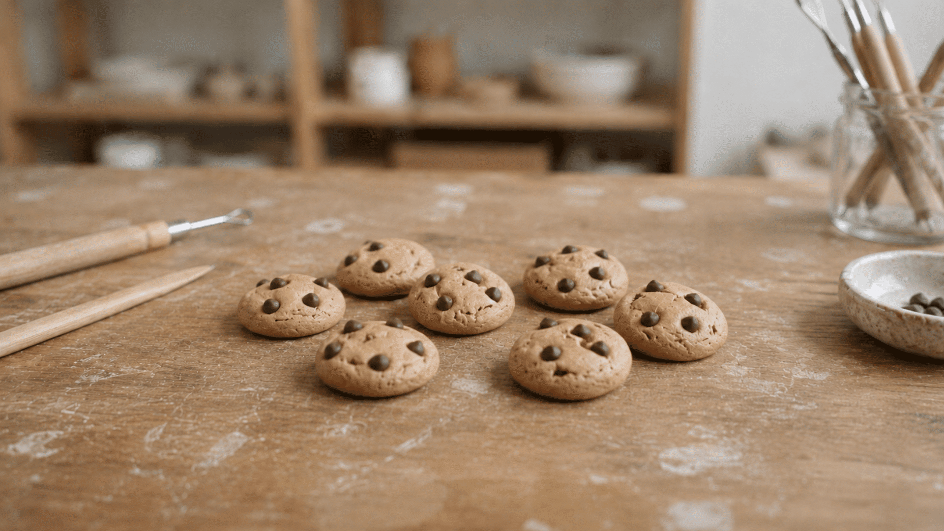 mini clay cookie sculptures with chocolate chips arranged on a wooden craft table with tools nearby