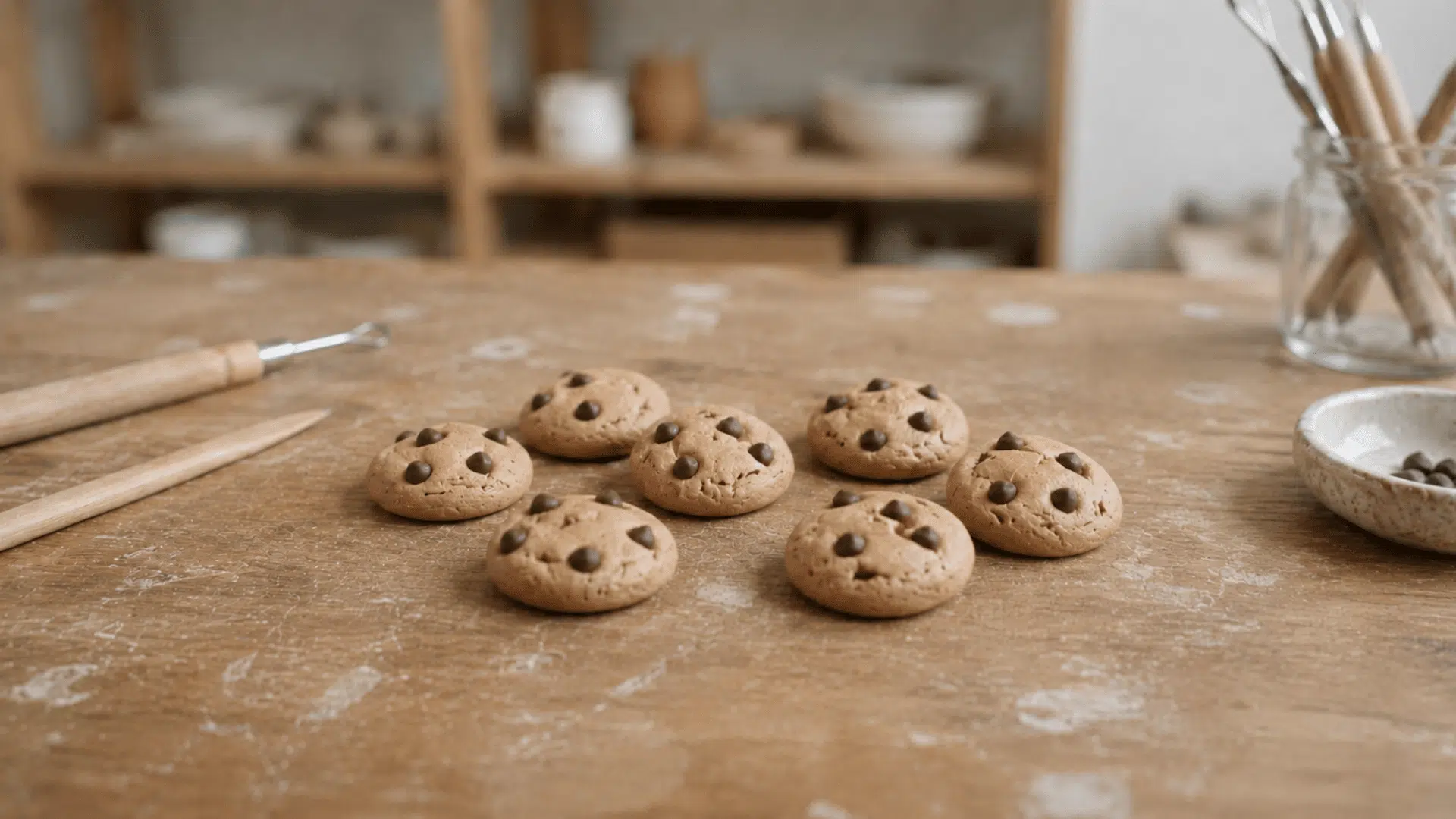 mini clay cookie sculptures with chocolate chips arranged on a wooden craft table with tools nearby
