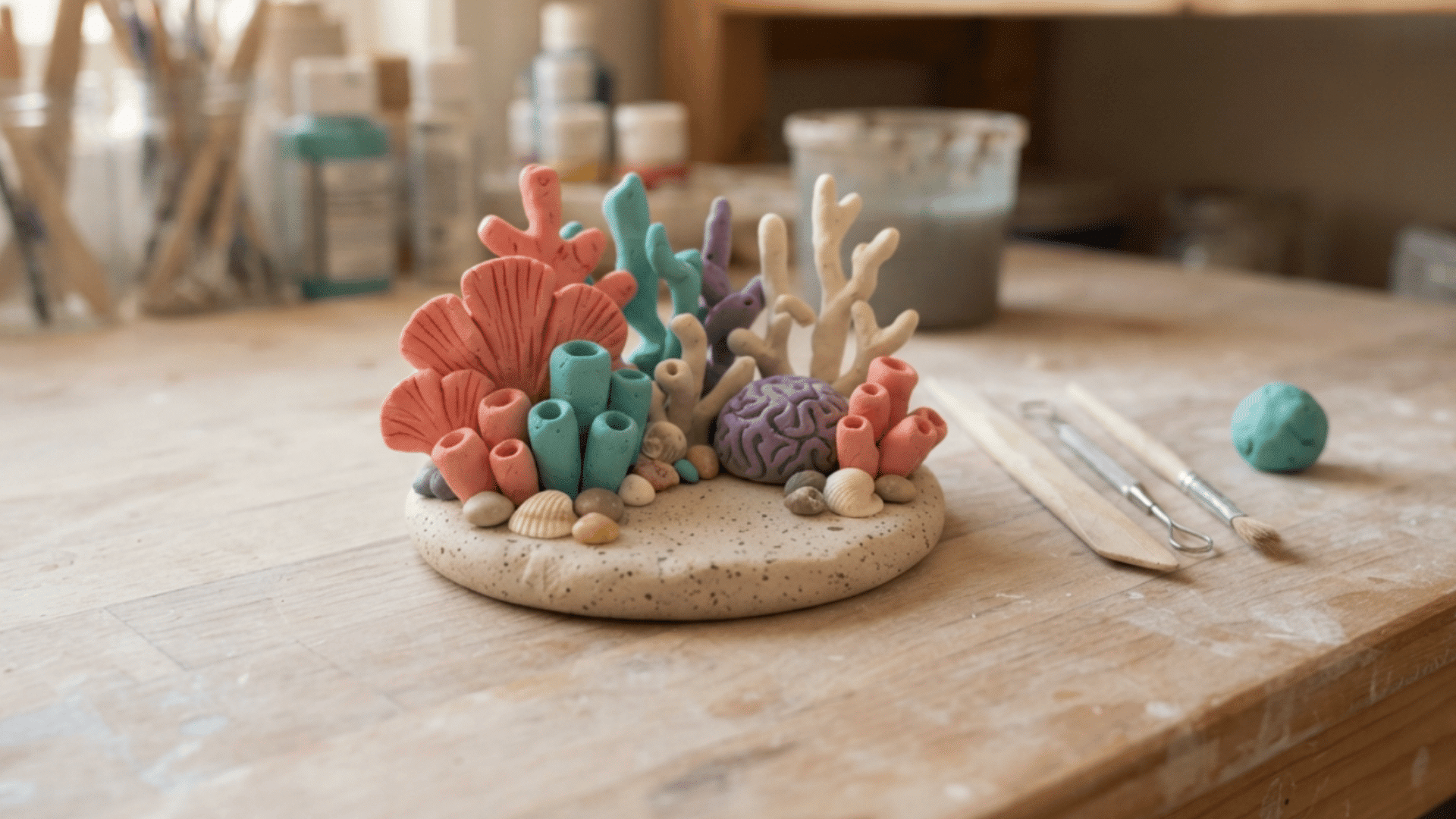 mini clay coral reef sculpture with colorful coral shapes, shells, and pebbles on a craft table