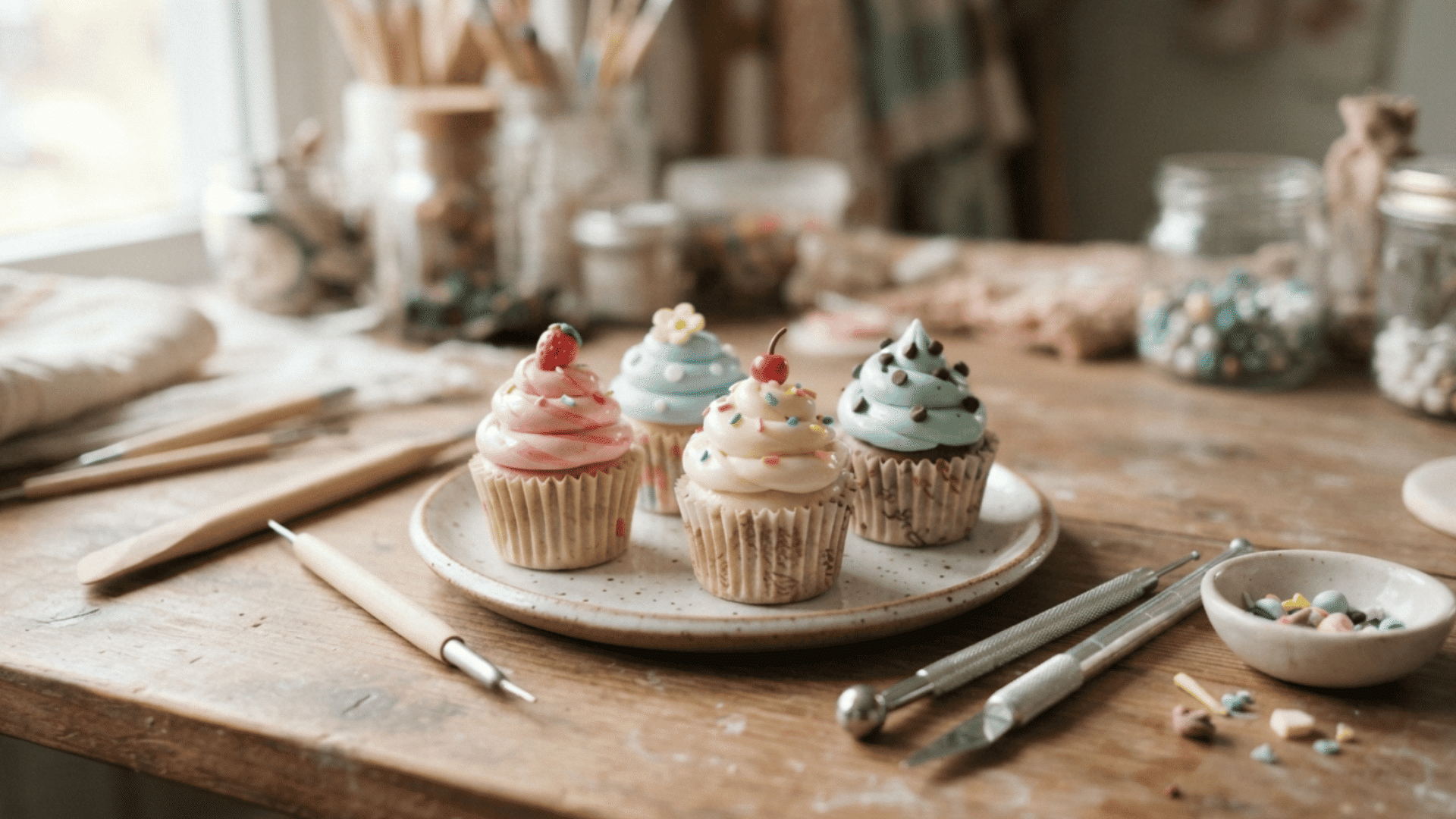 mini clay cupcake sculptures with colorful frosting and sprinkles displayed on a craft table