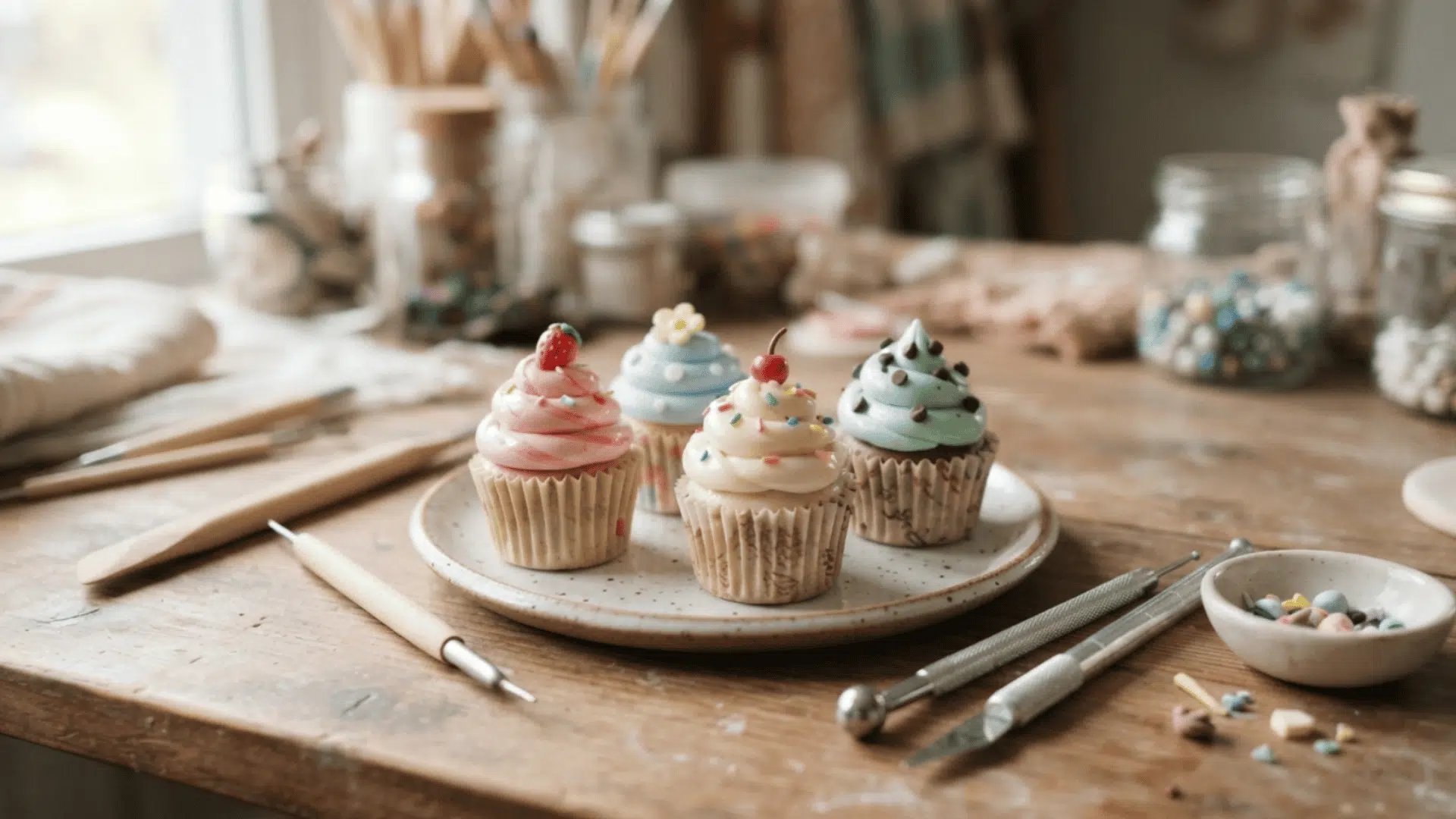 mini clay cupcake sculptures with colorful frosting and sprinkles displayed on a craft table