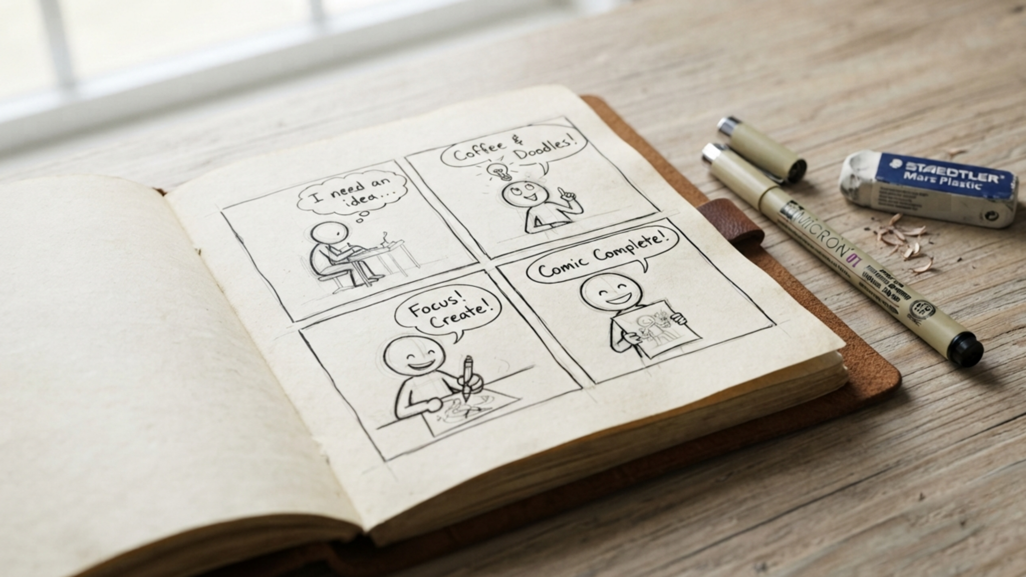 mini comic strip drawn across four journal panels beside pens and an eraser