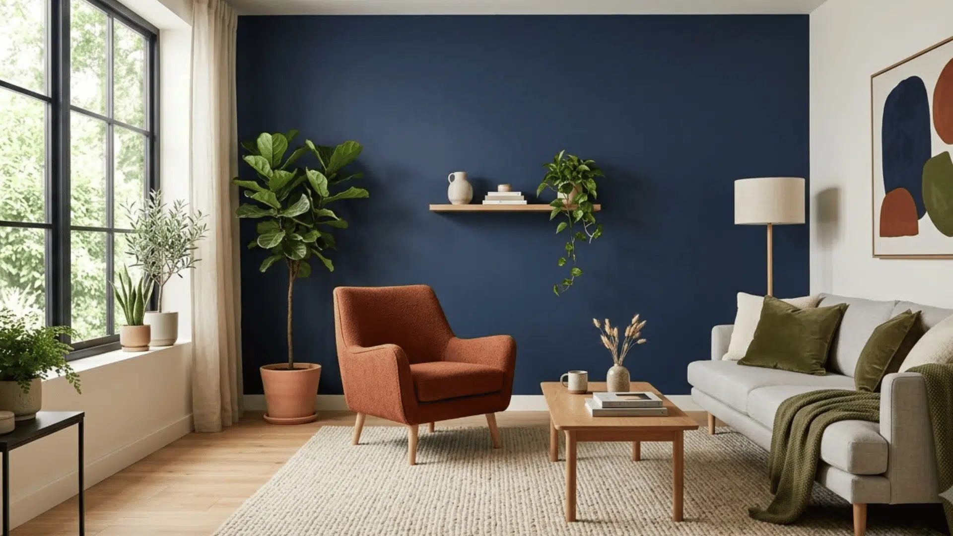 modern living room interior using a muted triadic color scheme with navy walls, rust furniture, and olive accents