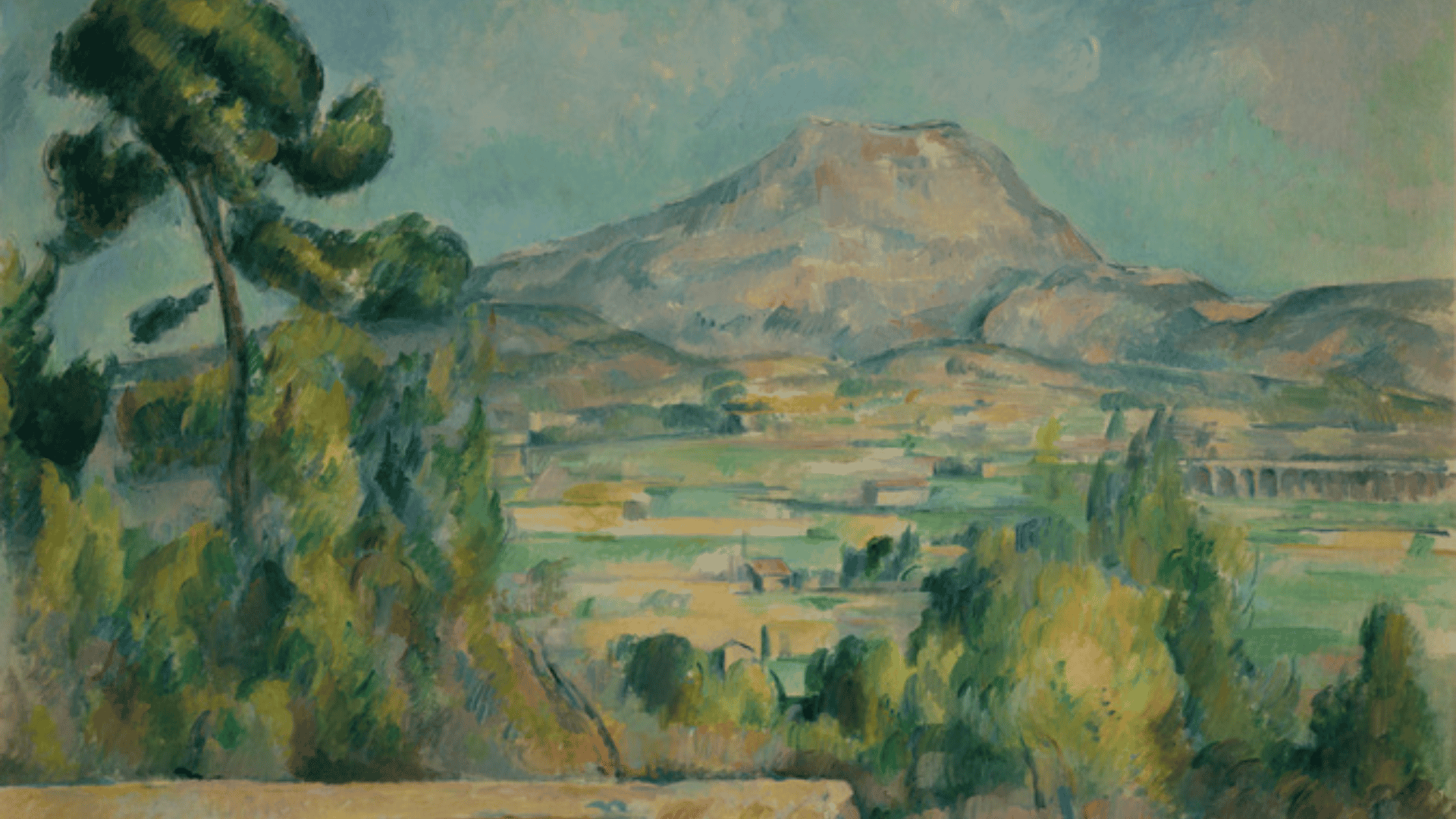 paul cézanne’s montagne sainte-victoire watercolor showing the mountain beyond trees and a green valley