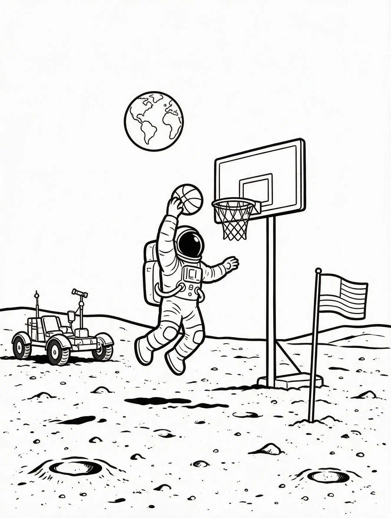 Space <echighlighted>basketball coloring page</echighlighted> with an astronaut dunking on the moon