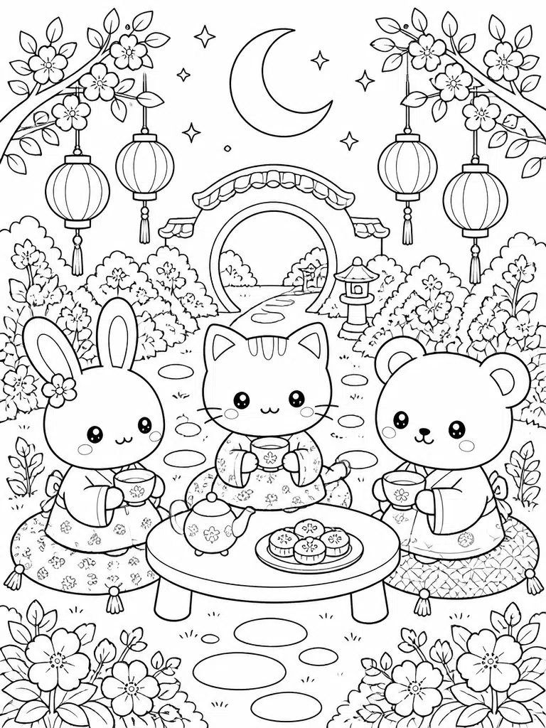 animal friends sharing tea in a detailed moonlit flower garden