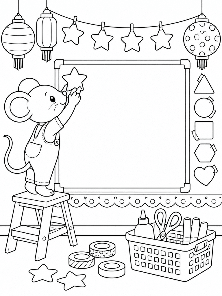 Mouse decorating a blank classroom board with stars, paper shapes, lanterns, tape, and supplies.
