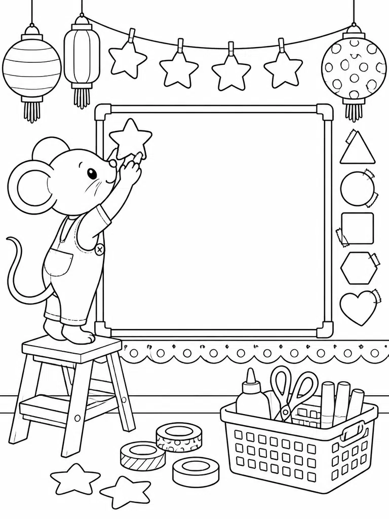 Mouse decorating a blank classroom board with stars, paper shapes, lanterns, tape, and supplies.