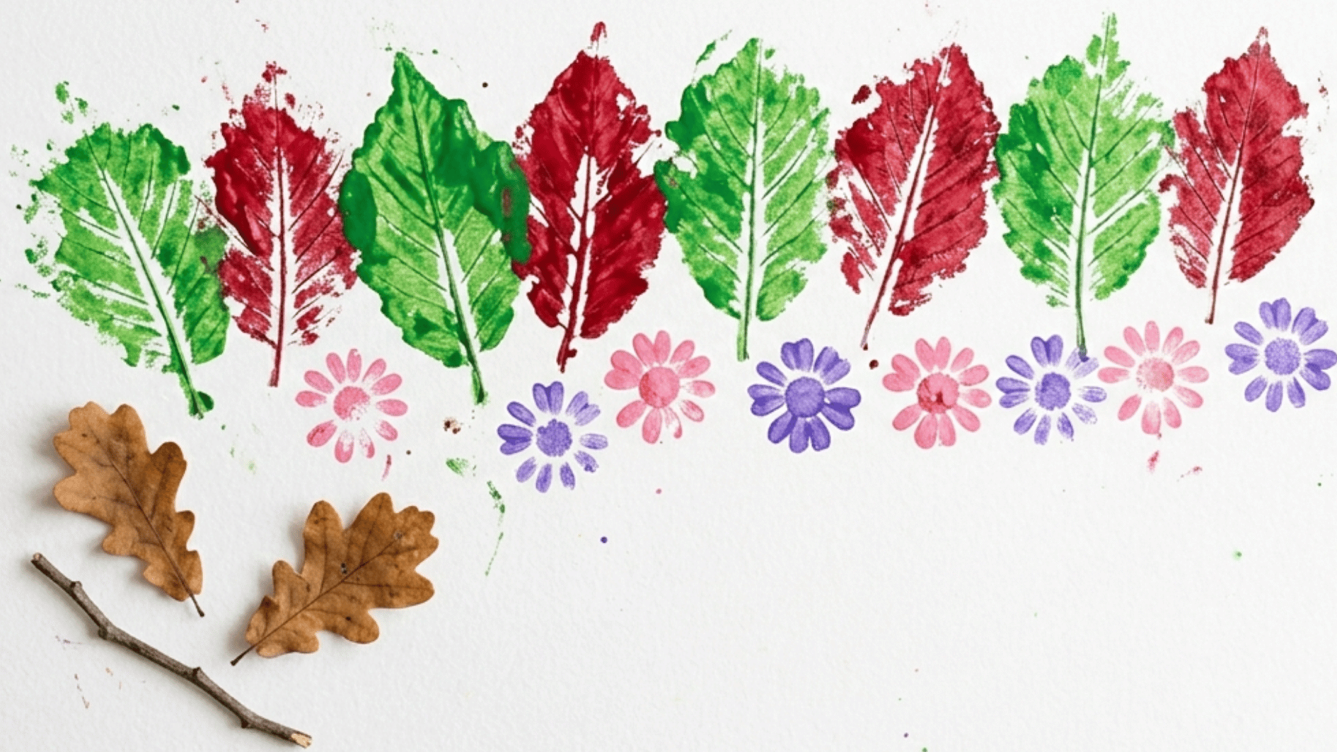 leaf prints and flower stamp patterns in green pink and purple on white paper