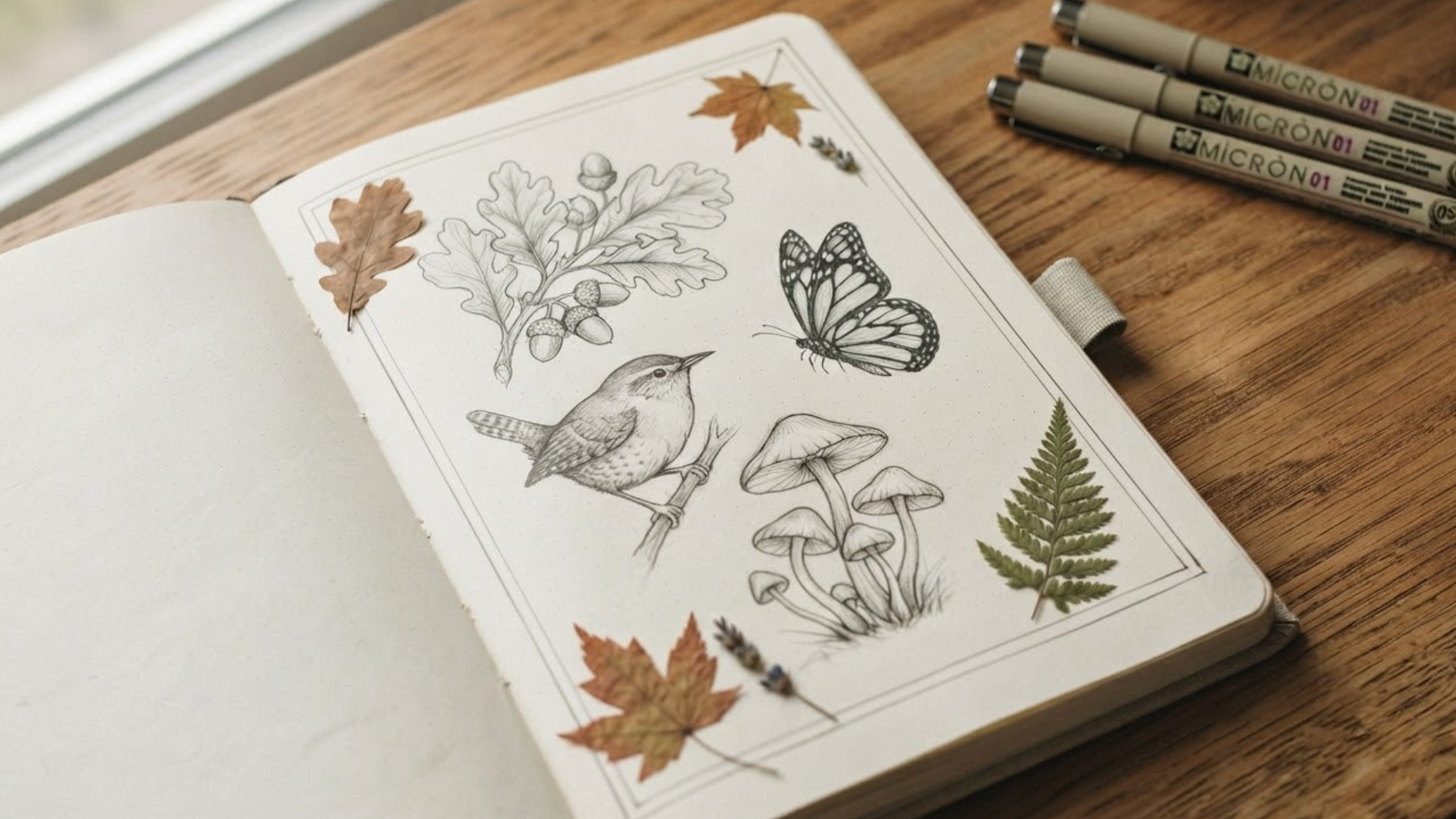 nature drawings and pressed leaves in a journal