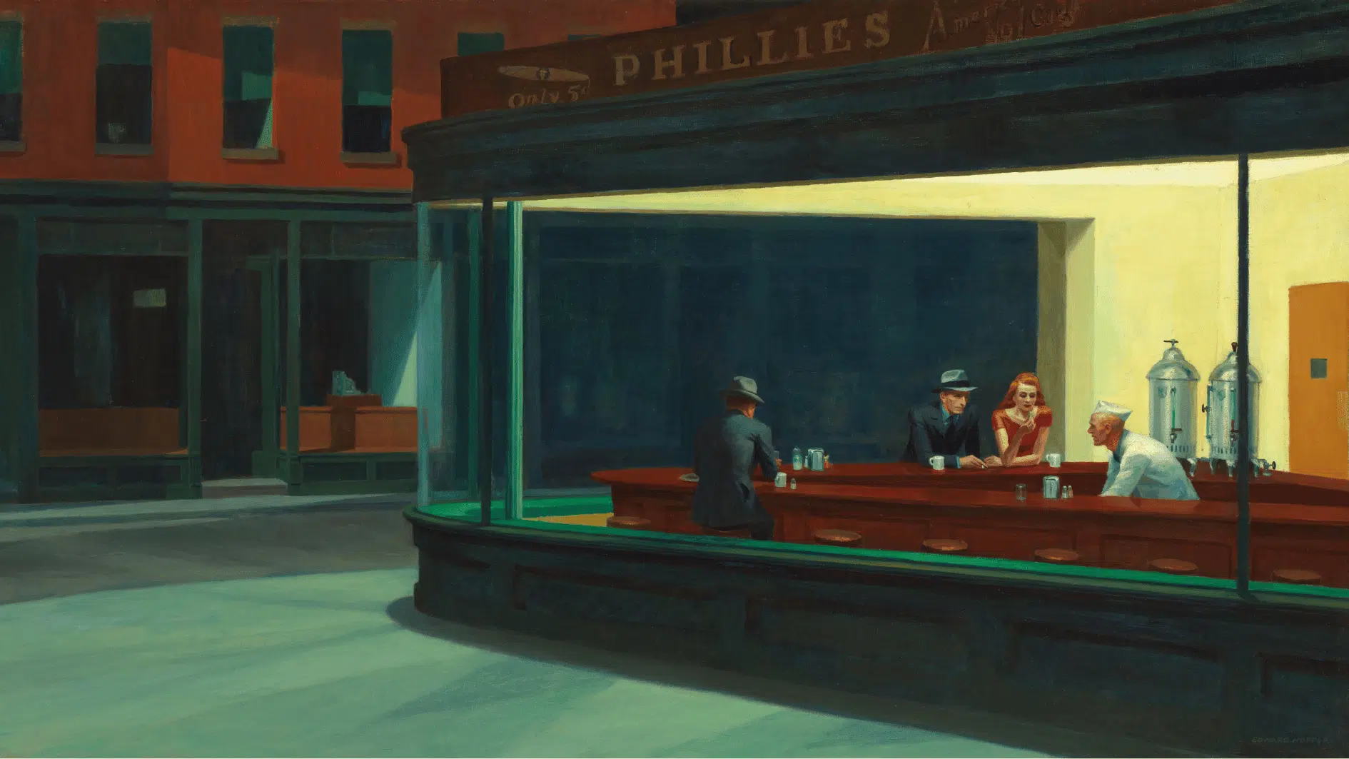 nighthawks showing people inside a bright diner on a dark quiet street