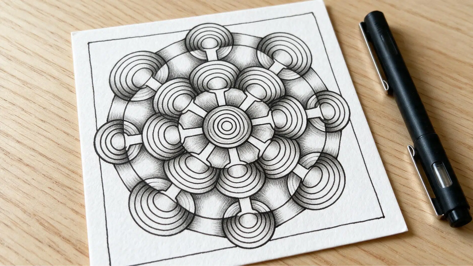 onamato zentangle pattern with connected ring shapes and shaded spaces across white textured paper tile