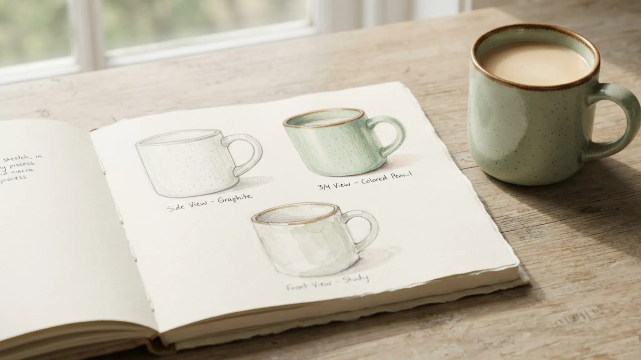 object study journal showing three mug sketches beside the real ceramic mug