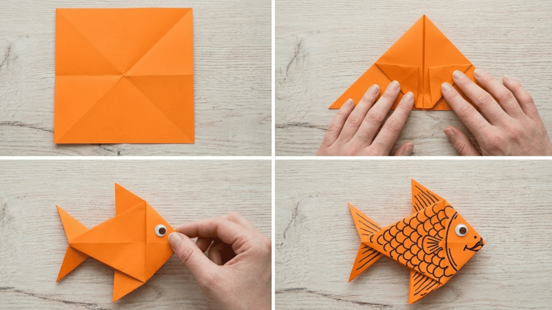 four step origami collage showing folded orange paper, hand shaping the fold, googly eye being added, and finished fish with scale details