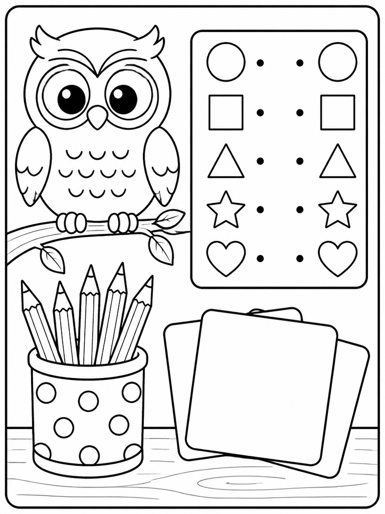 Owl solving a geometric shape puzzle with circles, squares, stars, and school supplies nearby.
