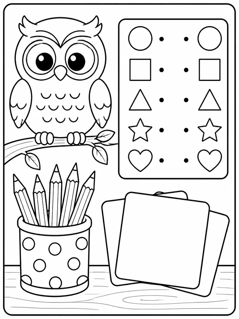 Owl solving a geometric shape puzzle with circles, squares, stars, and school supplies nearby.