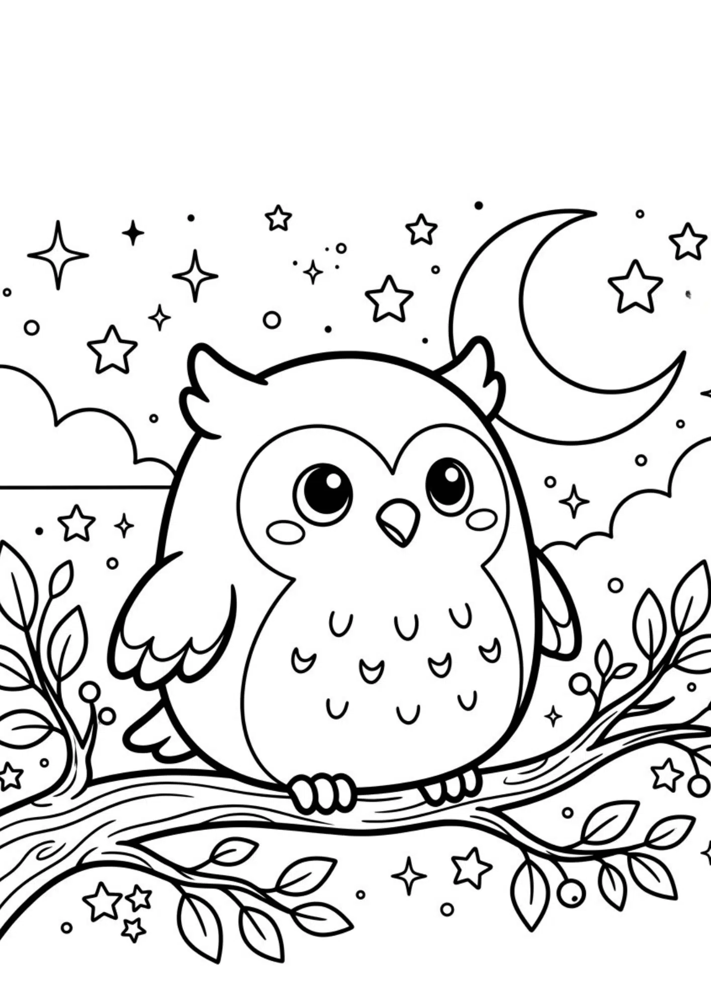 owl squishmallow coloring page with moon and stars, featuring simple printable black and white line art for children