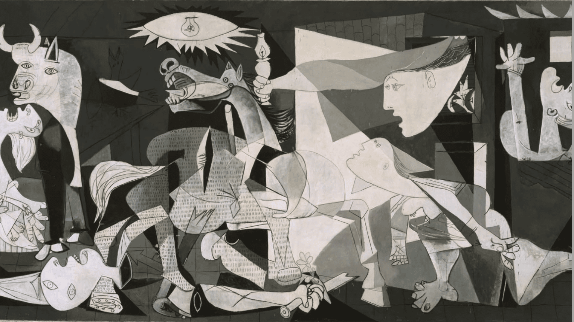 pablo picasso's guernica showing anguished figures, a wounded horse, and chaos in a black-and-white scene