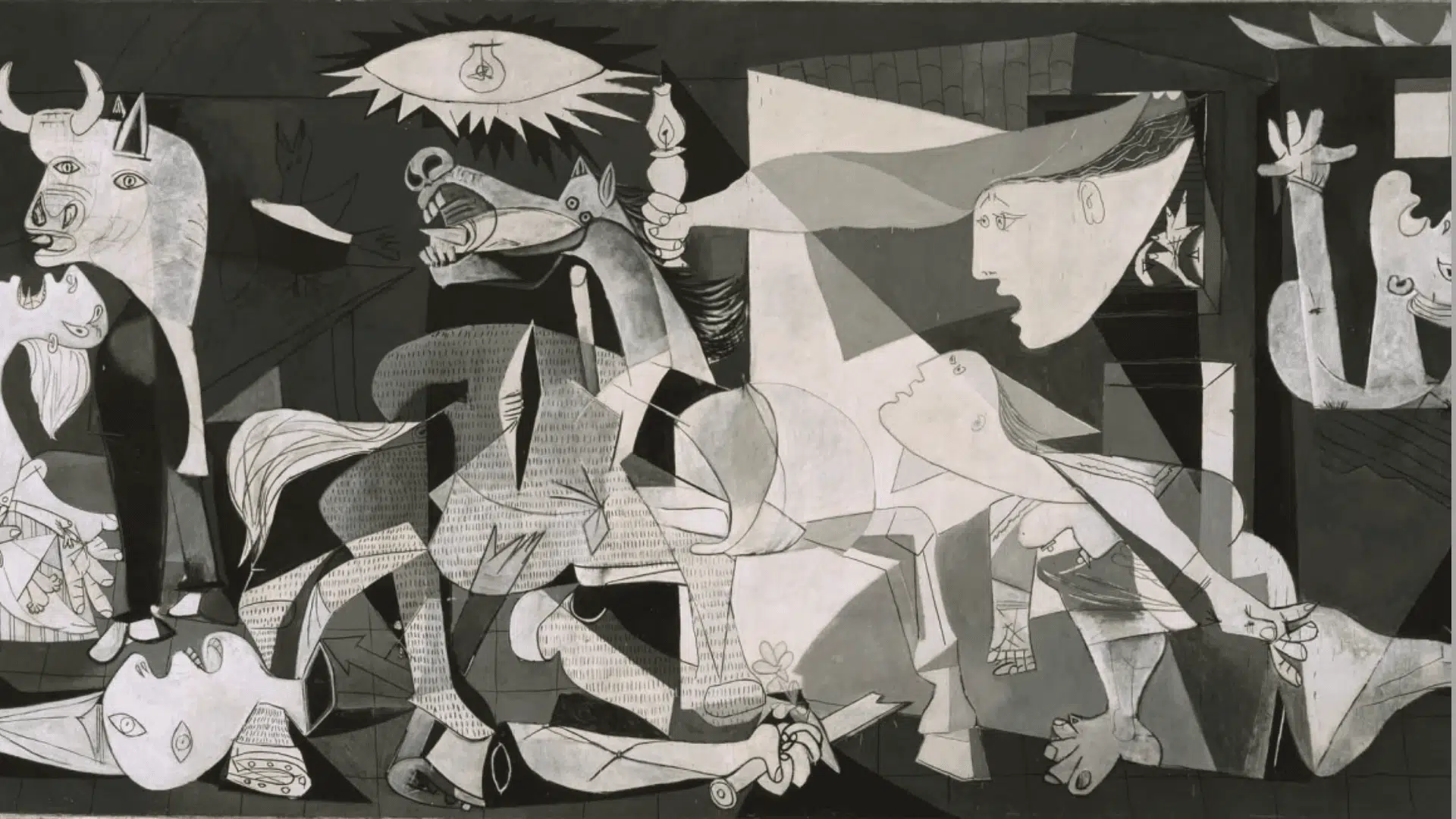pablo picasso's guernica showing anguished figures, a wounded horse, and chaos in a black-and-white scene