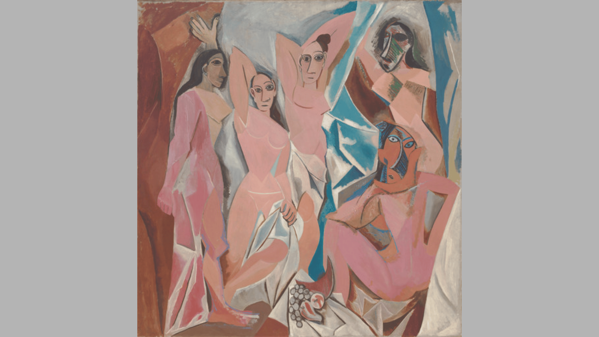 pablo picasso's les demoiselles d'avignon showing five angular figures in a fractured geometric interior