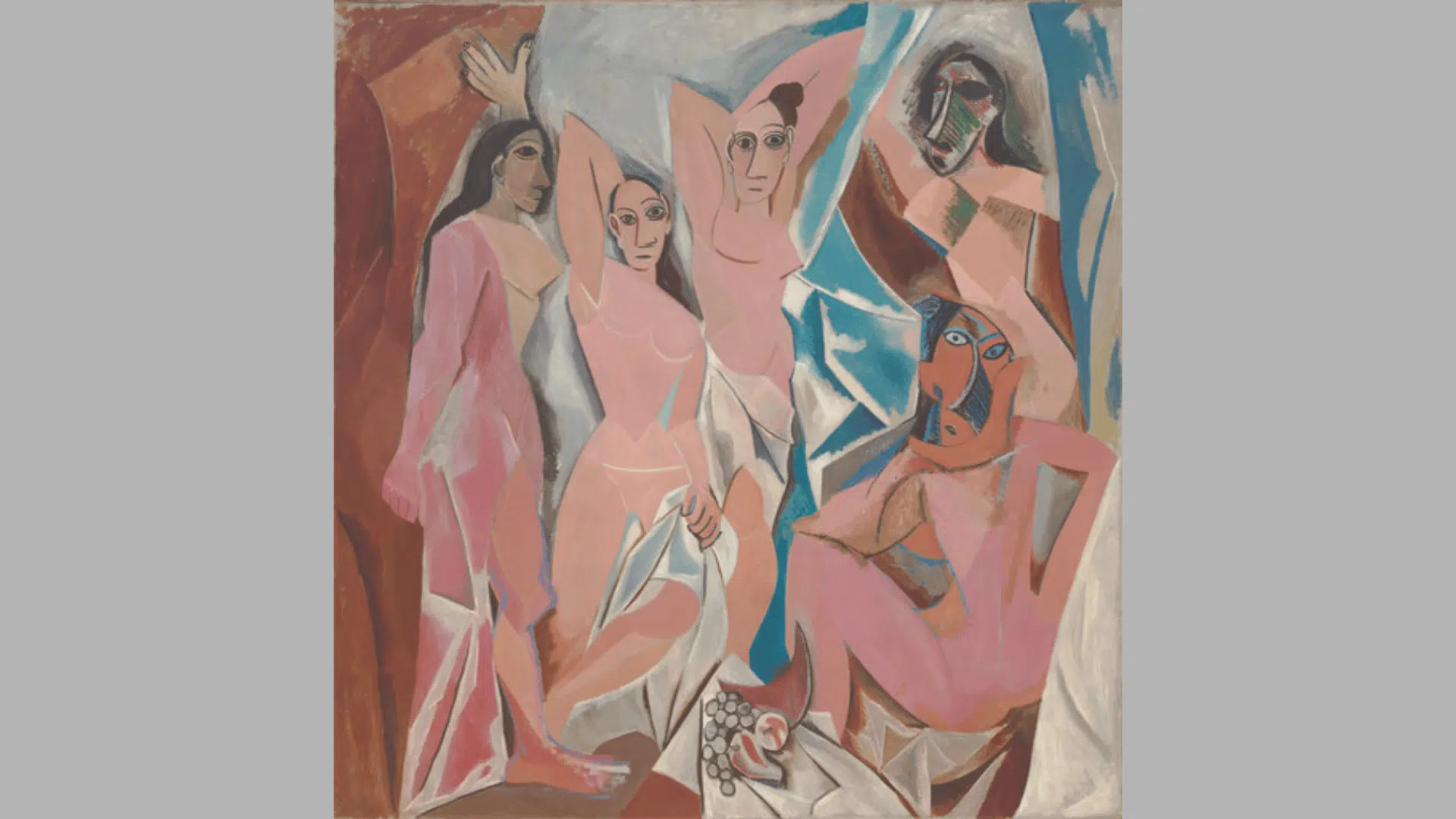 pablo picasso's les demoiselles d'avignon showing five angular figures in a fractured geometric interior