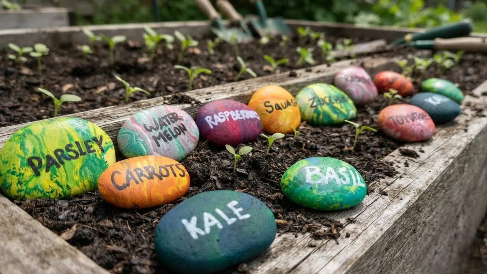 painted rocks labeled with vegetable names placed in a raised garden bed among young seedlings and dark soil