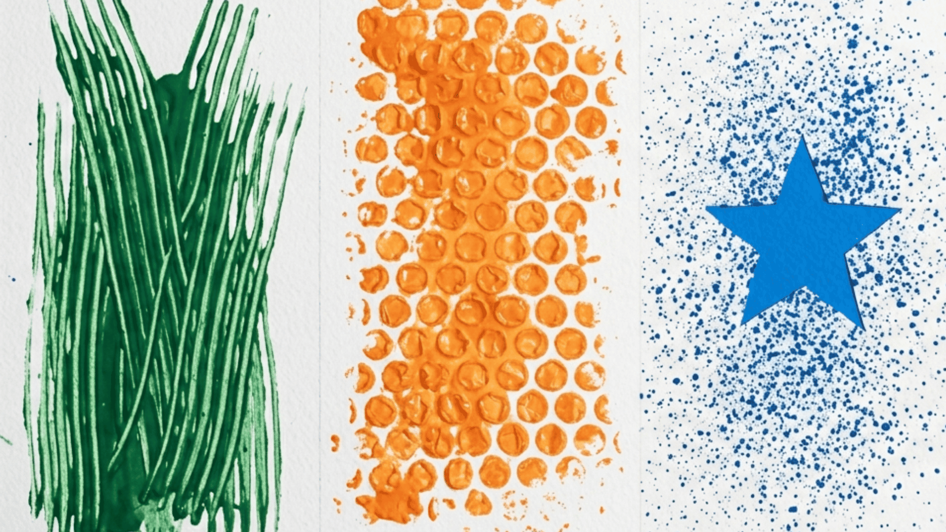 fork grass texture bubble wrap print and toothbrush splatter on white paper