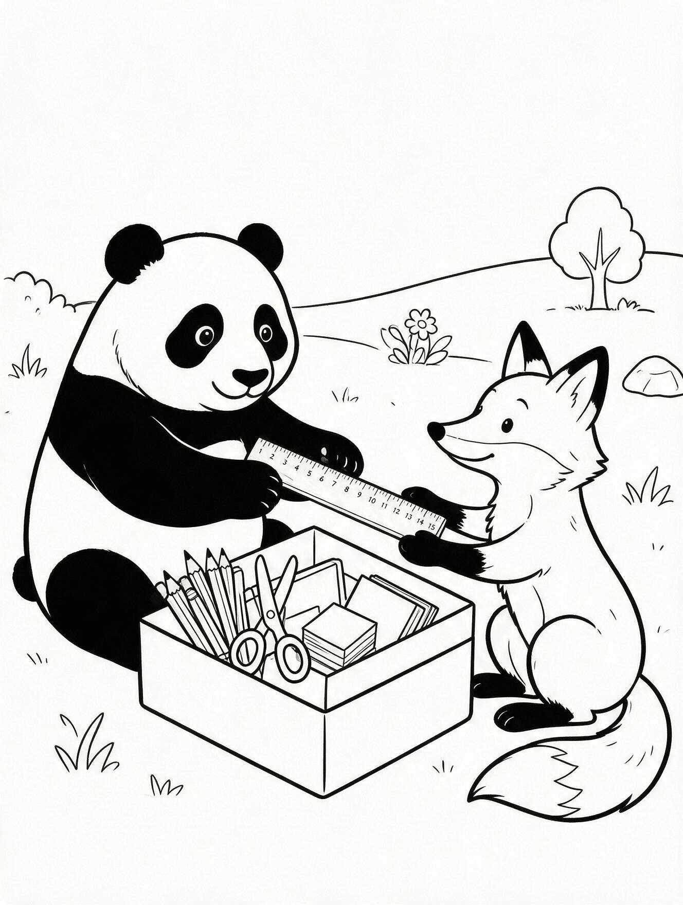 Panda and fox sharing rulers, pencils, scissors, and notebooks from a school supply box.
