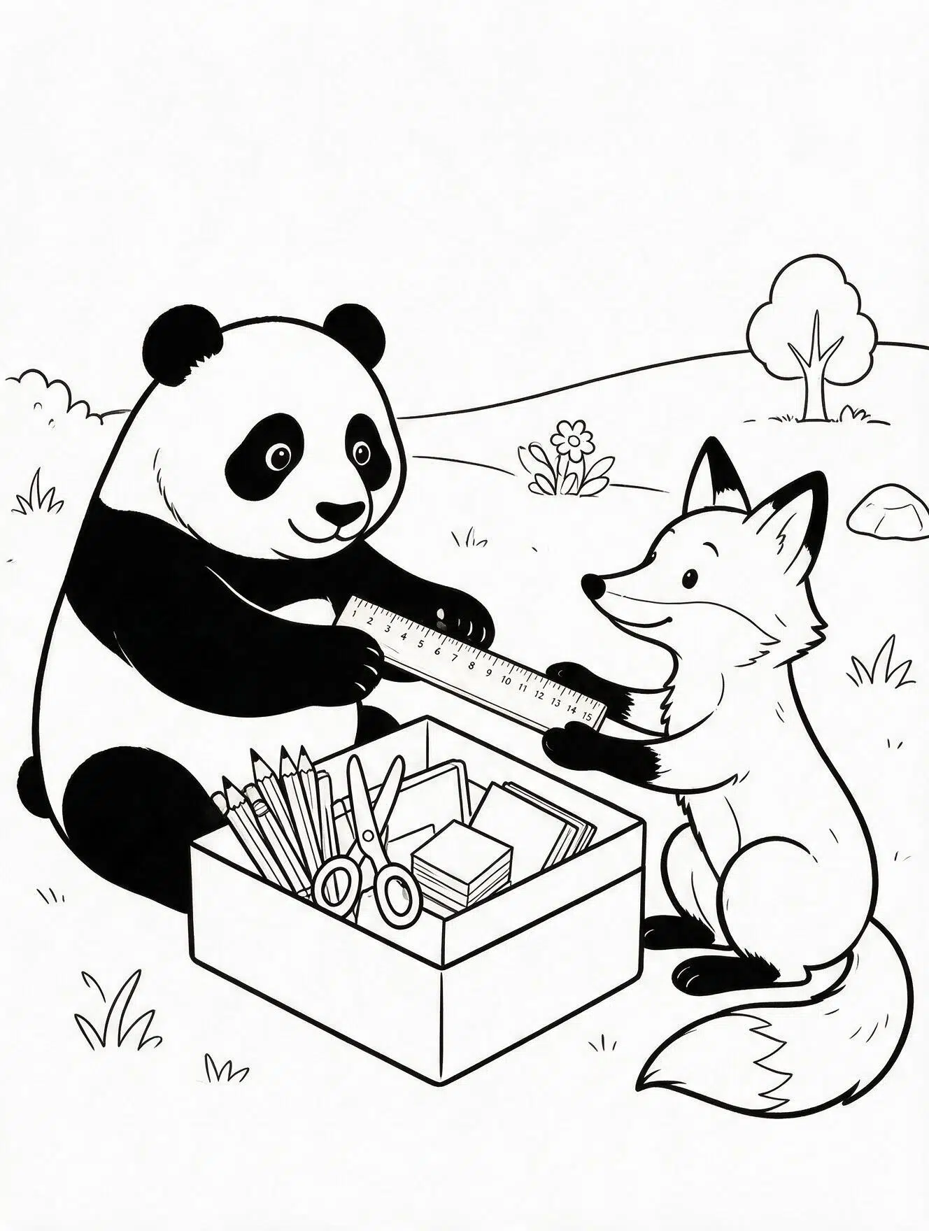 Panda and fox sharing rulers, pencils, scissors, and notebooks from a school supply box.
