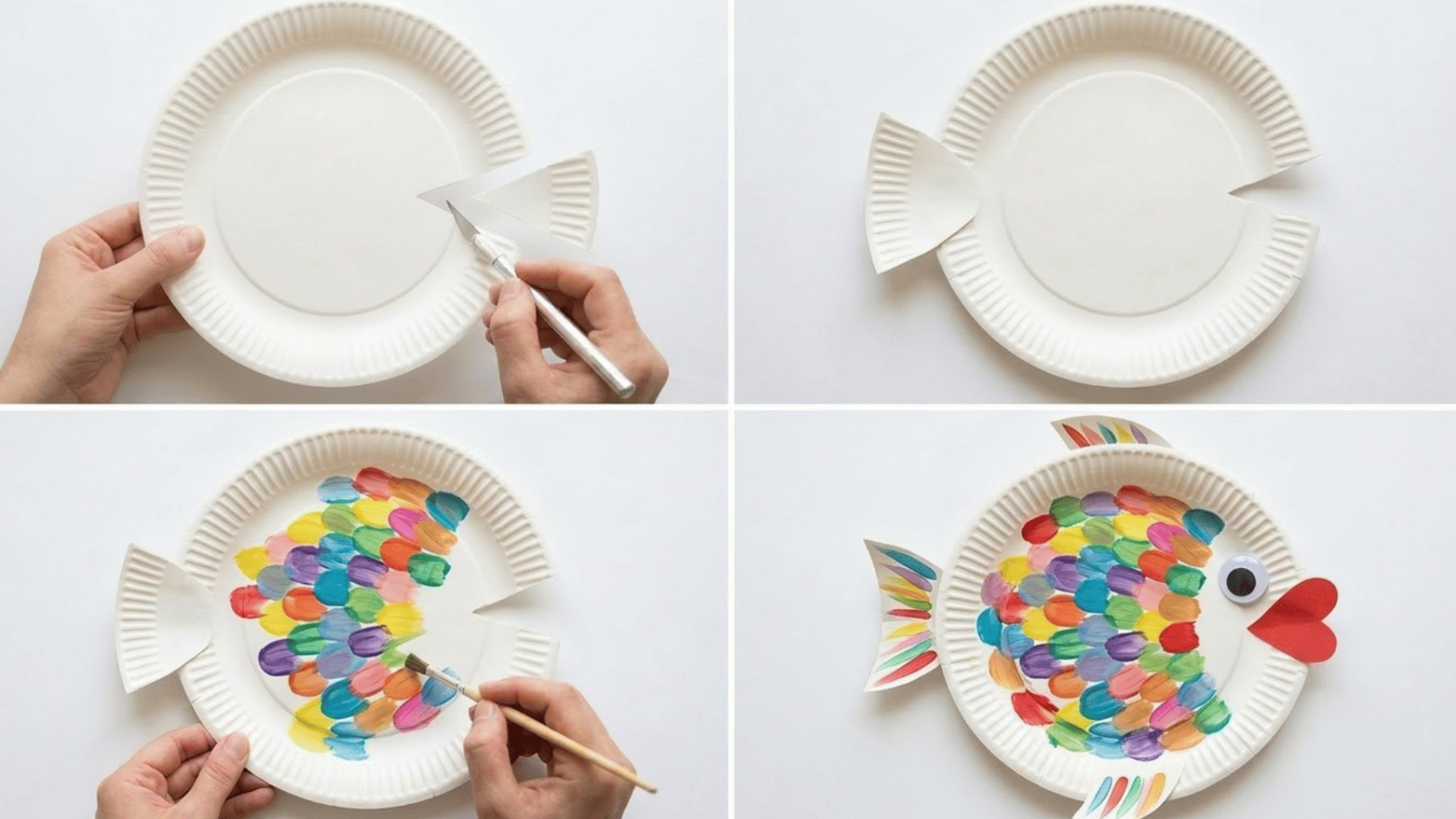 four step paper plate collage showing wedge being cut, tail attached, scales being painted, and finished fish with fins and eye