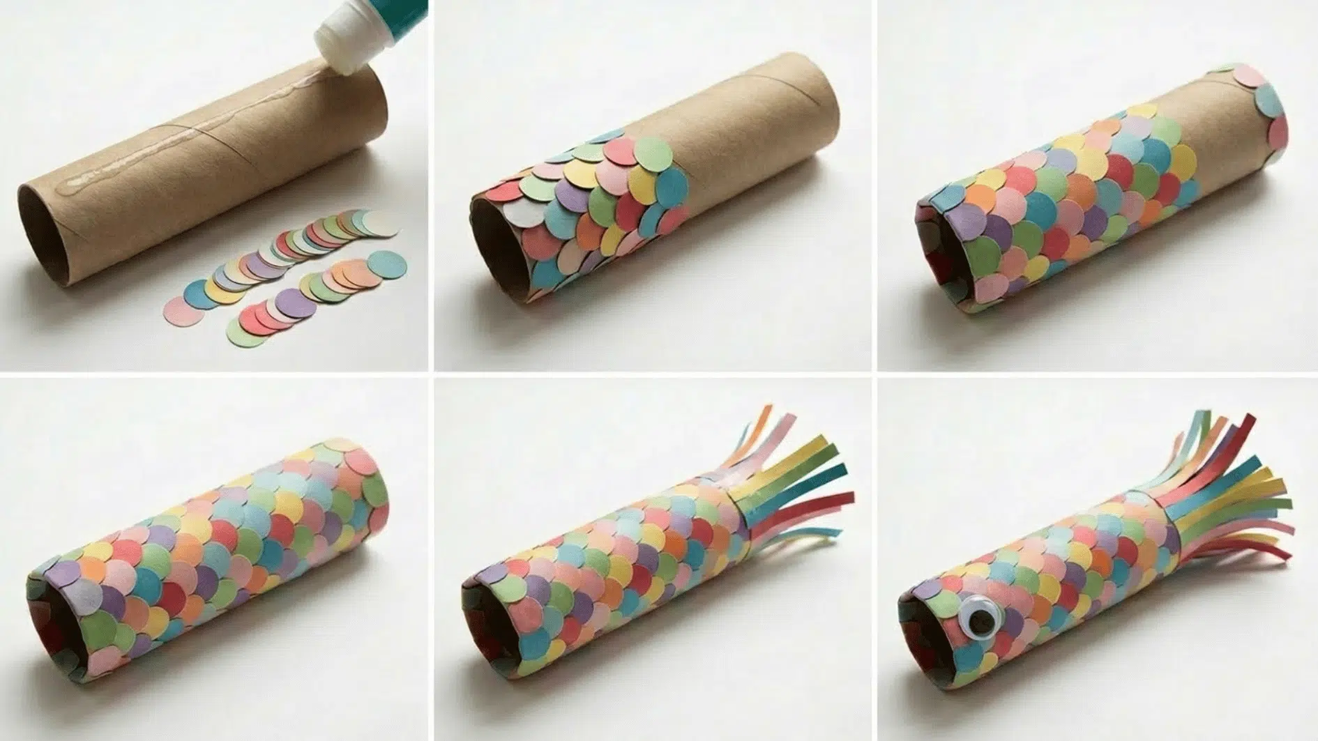 step by step paper made from a cardboard tube, colorful paper scales, paper strip fins, and a googly eye