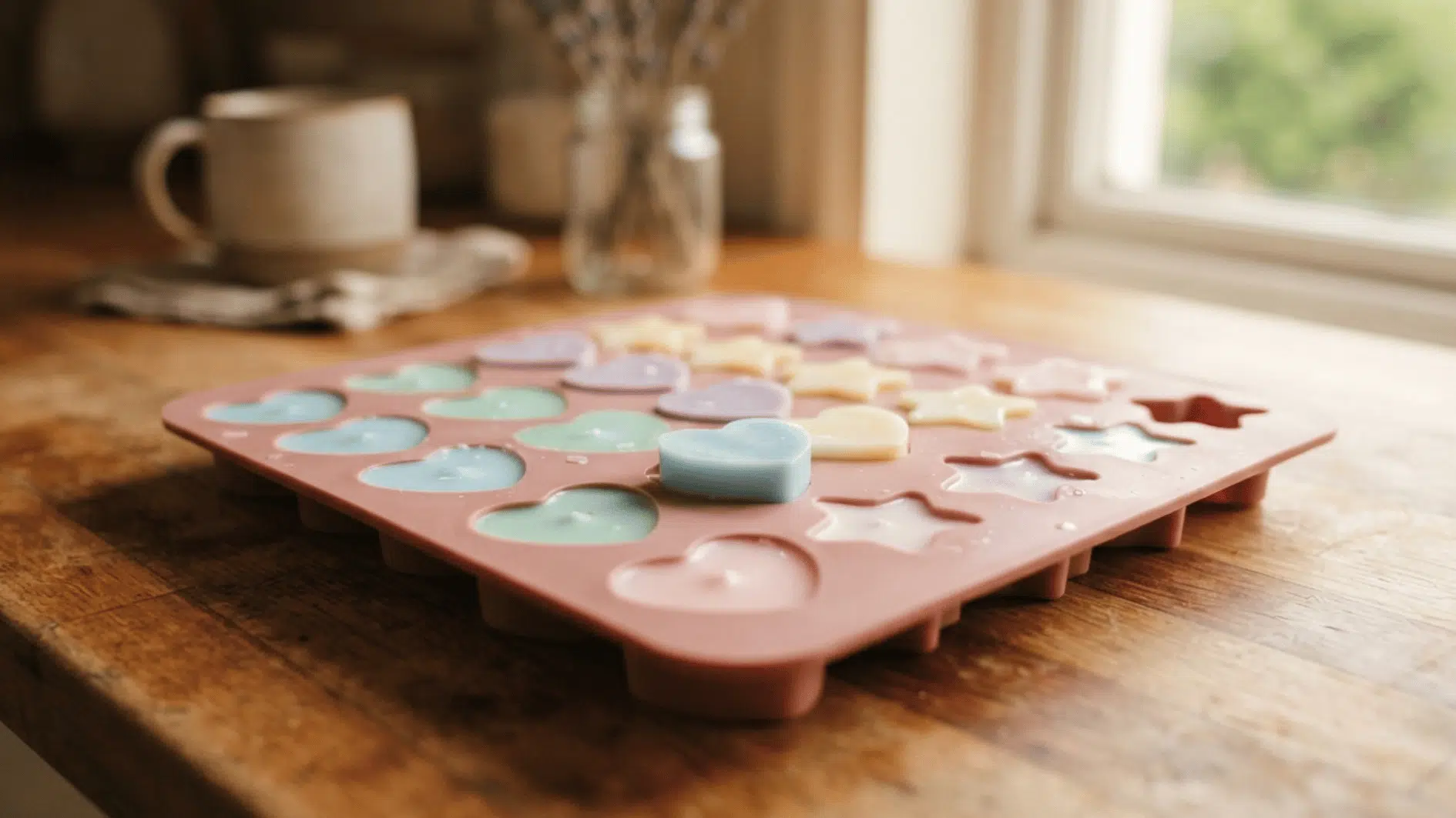 pastel soy wax melts in heart and star shapes resting in a silicone mold