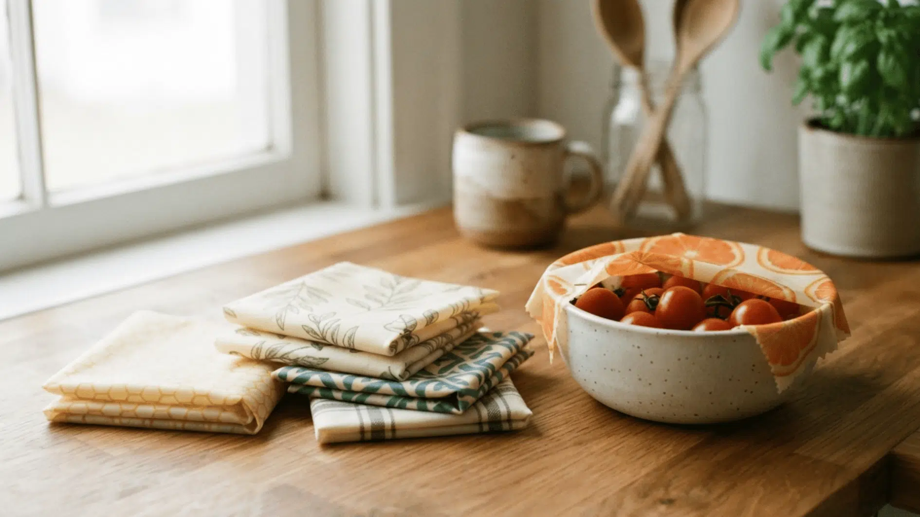 patterned beeswax food wraps beside a bowl of tomatoes on a wooden kitchen table