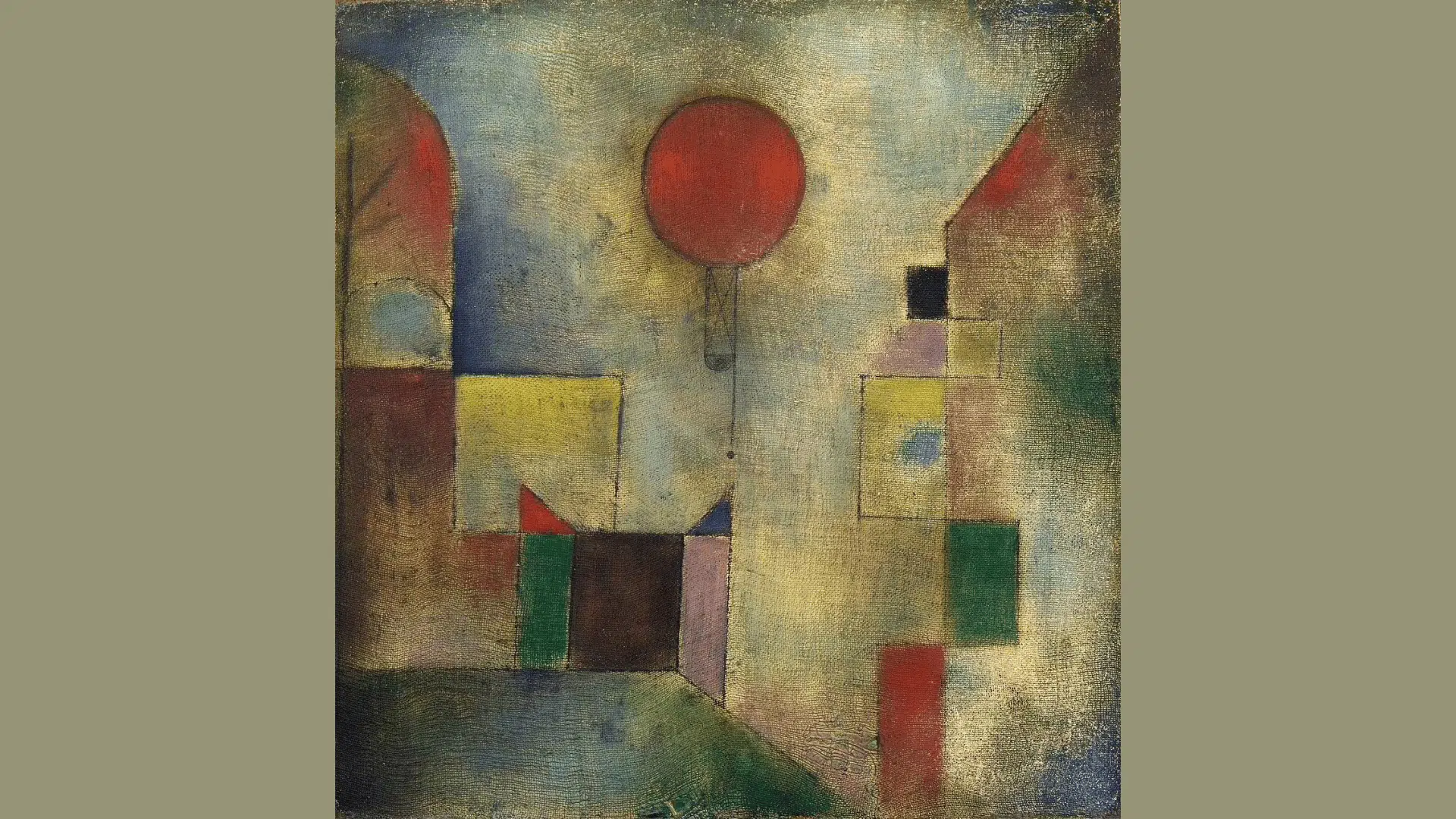 paul klee's red balloon showing a bright red circle floating above colorful geometric shapes and city forms