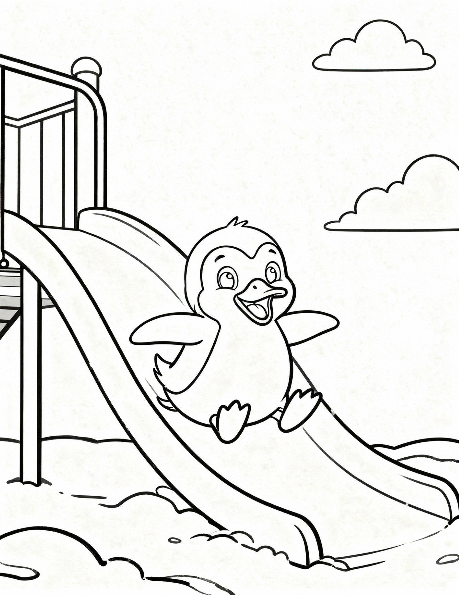 penguin sliding down snow slide in playful winter scene coloring page outline