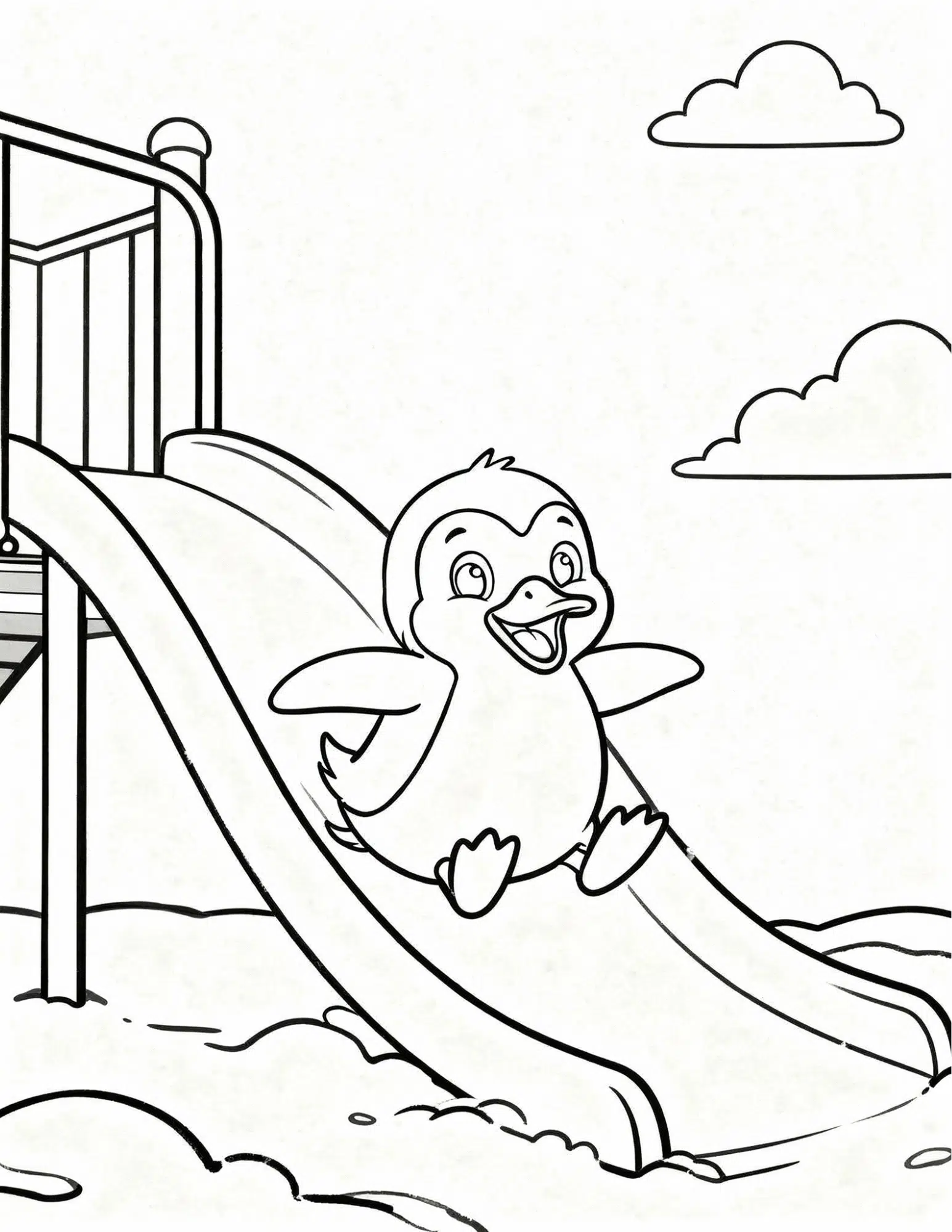 penguin sliding down snow slide in playful winter scene coloring page outline