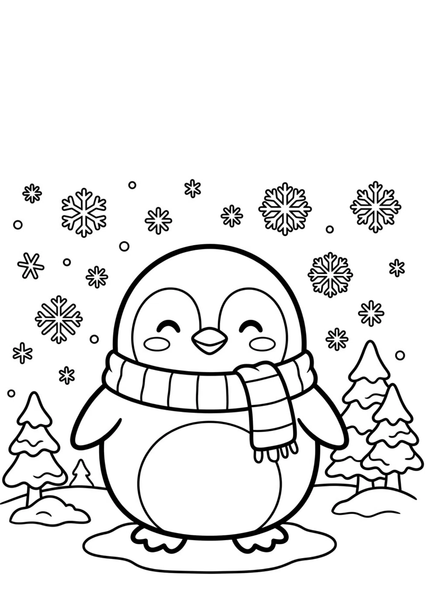 penguin squishmallow coloring sheet with winter theme, snow details, and printable black outline activity page for kids