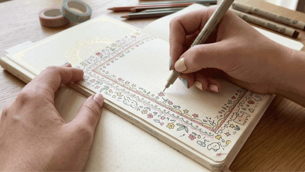 person making cute colorful flower and doodles borders on a journal page