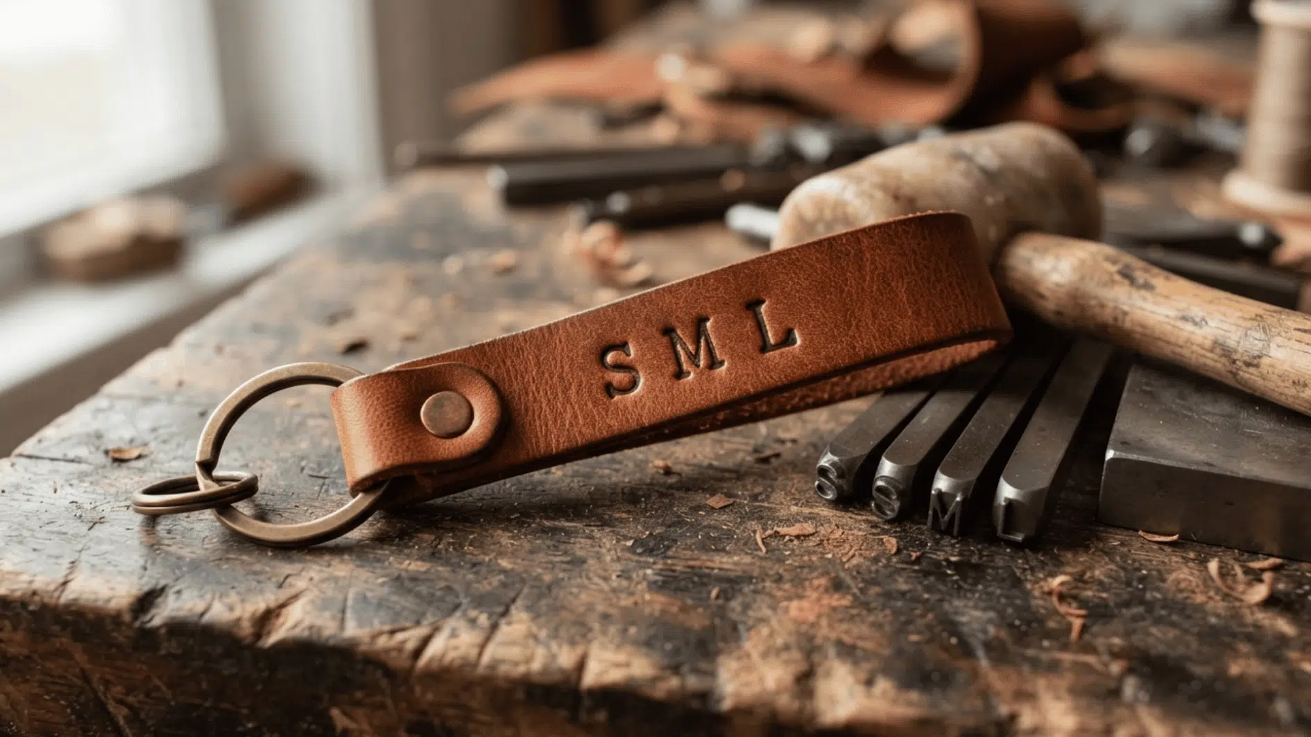 personalized brown leather keychain with stamped initials beside leatherworking tools on a workshop table