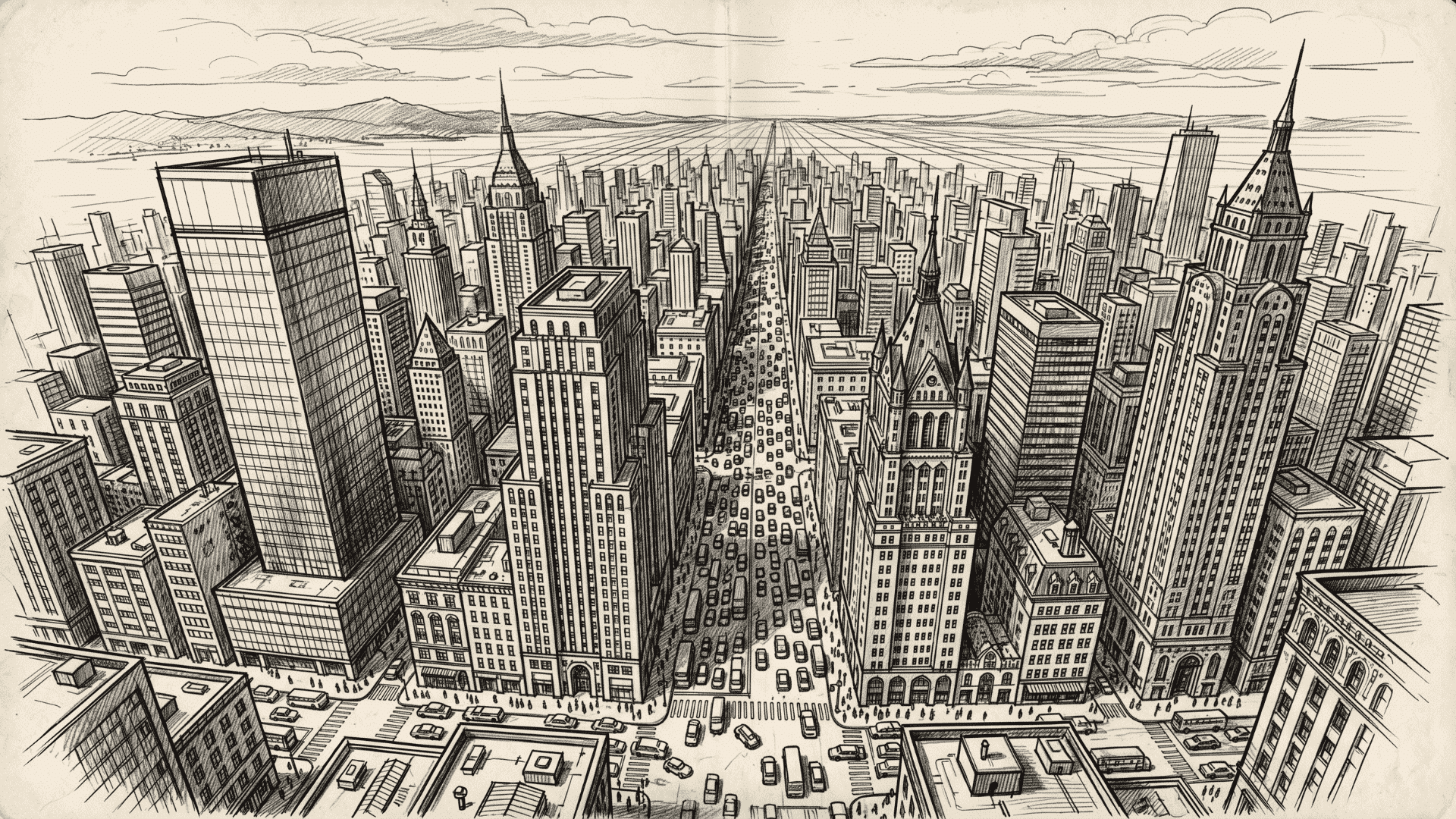 City perspective drawing with tall buildings, streets, cars, and skyline details.