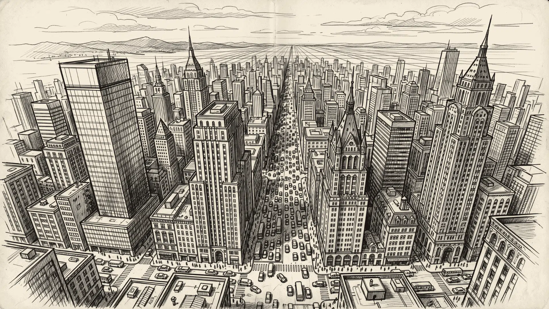 City perspective drawing with tall buildings, streets, cars, and skyline details.