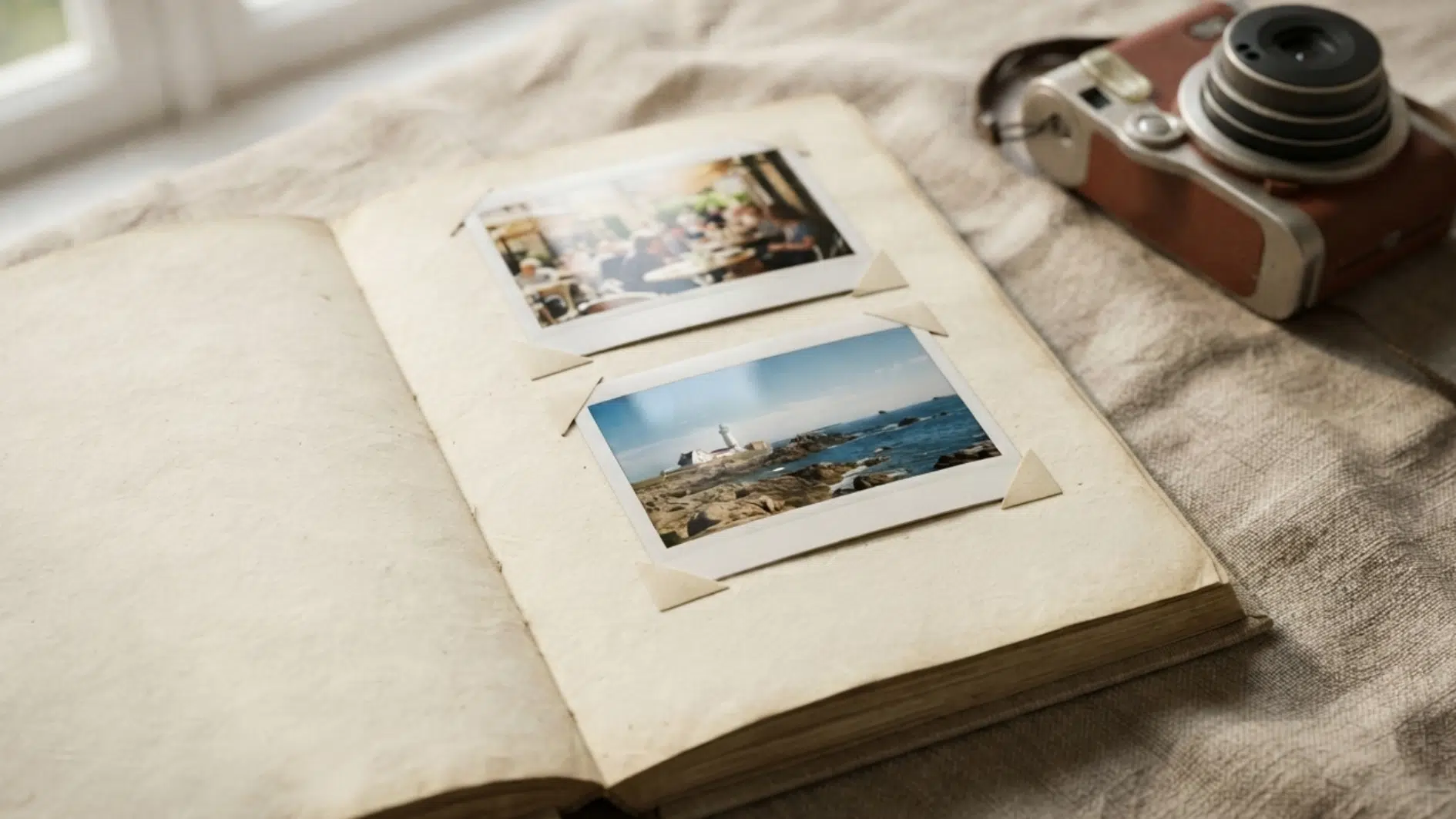 travel photos displayed in a memory journal